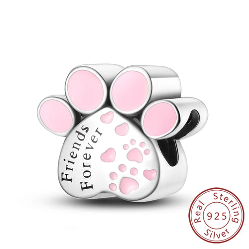 Charms 925 Sterling Silver Dog Cat Paw Print Love Pets Charms Beads