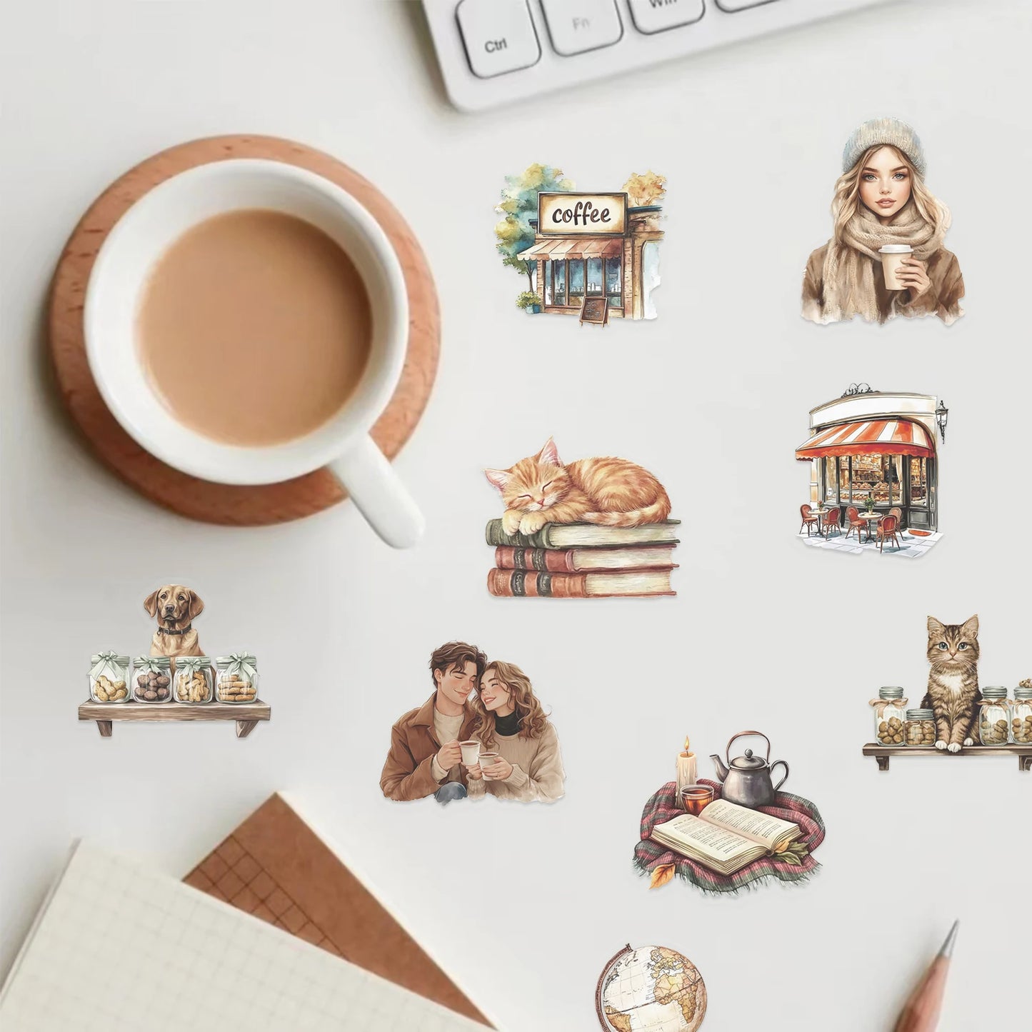 50pcs Retro Coffee Alphabet Theme Clip Stickers Aesthetic Waterproof