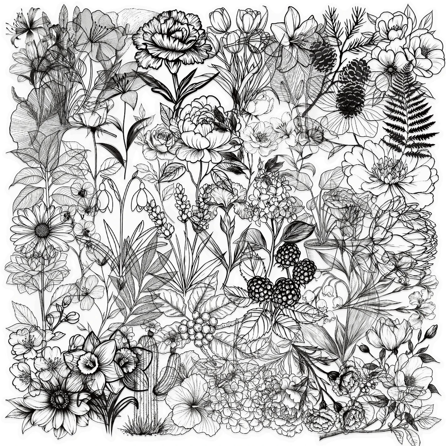 50pcs Black And White Vintage Retro Flower Plant Stickers Decals