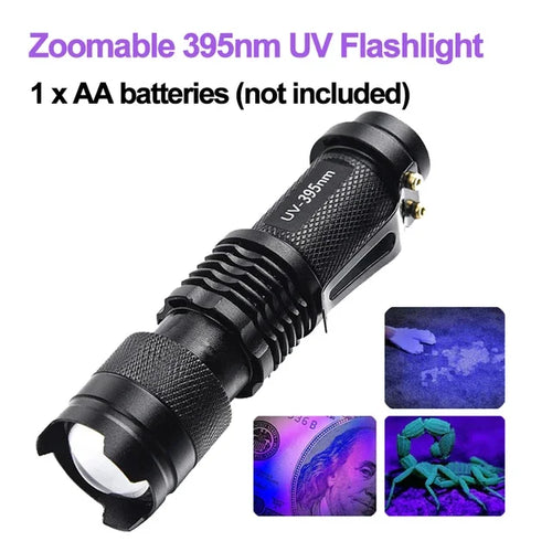 LED UV Flashlight 365/395nm Portable Mini Ultraviolet Torch Waterproof