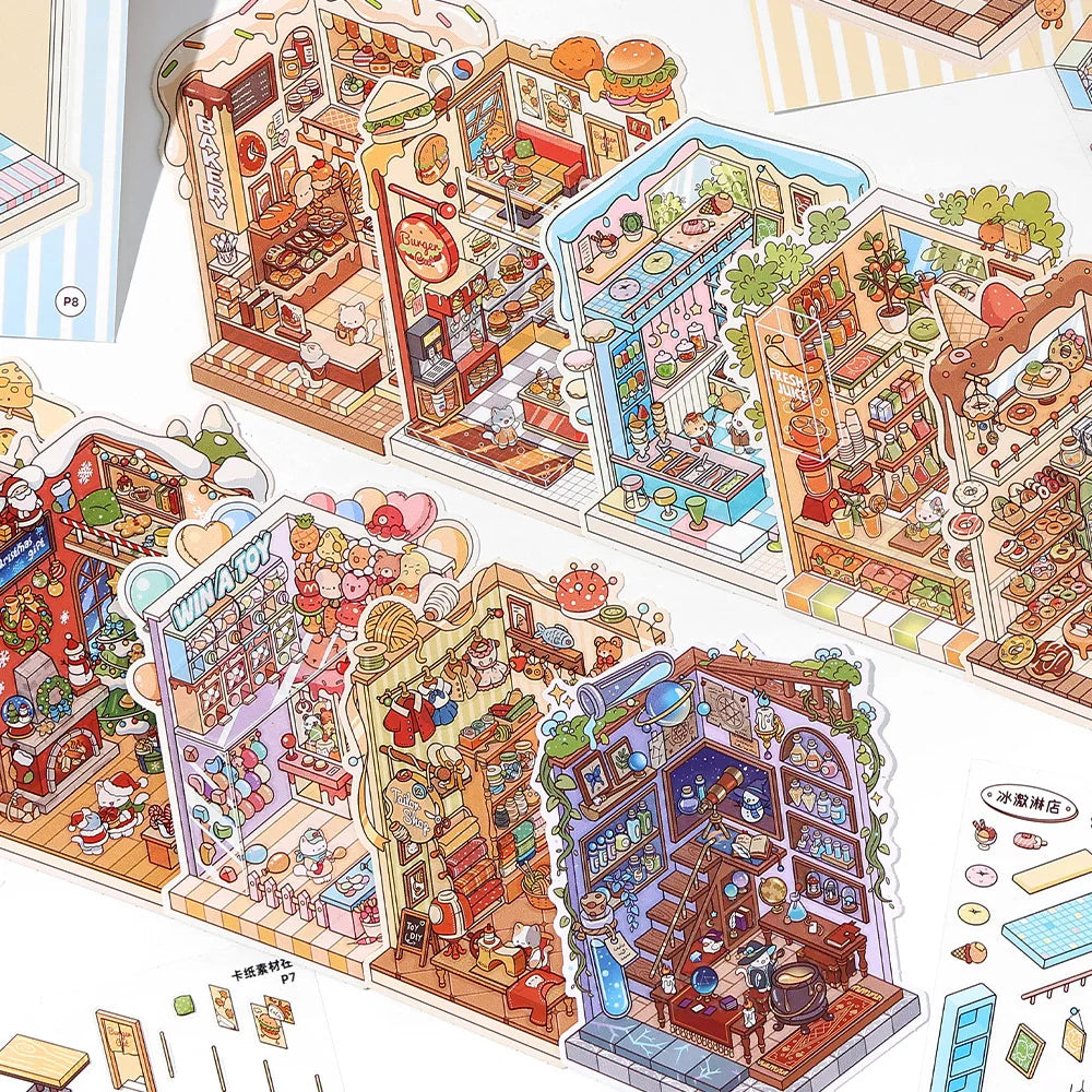 13 Pcs in 1 Book Cartoon 2.8D Landscape Sticker DIY Pocket Cabin Scene