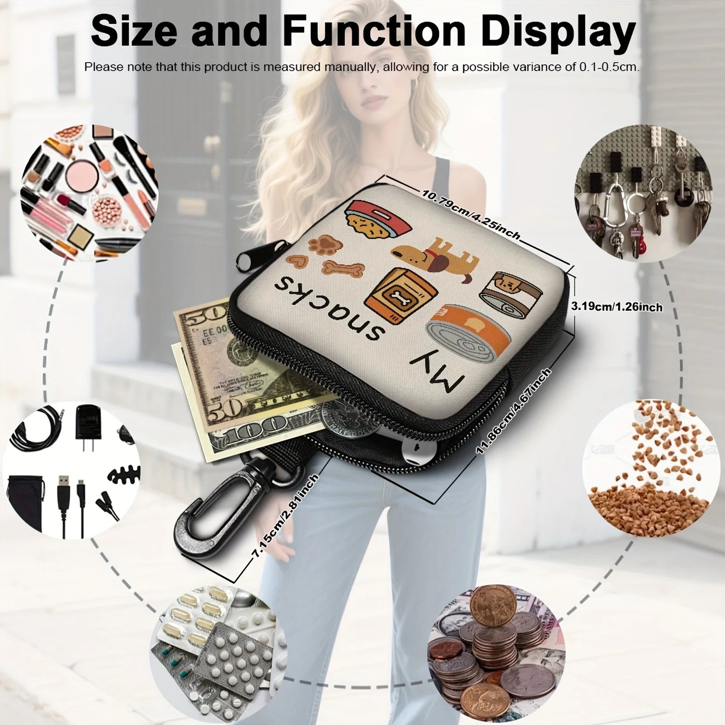 1Pcs Dog Print Dog Treat Bag with Hook and Zipper - Pet Training Set,