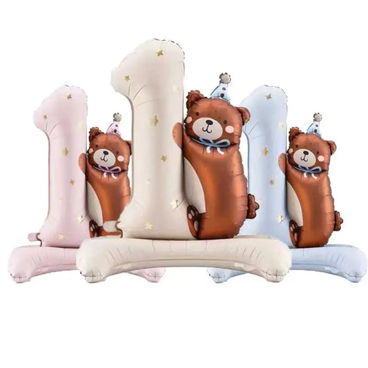 1PC Brown Pink Blue Bear One Year Old Standing Balloon Children's Baby