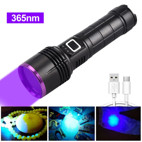 Powerful 365NM UV Flashlight USB Rechargeable Waterproof Purple Light