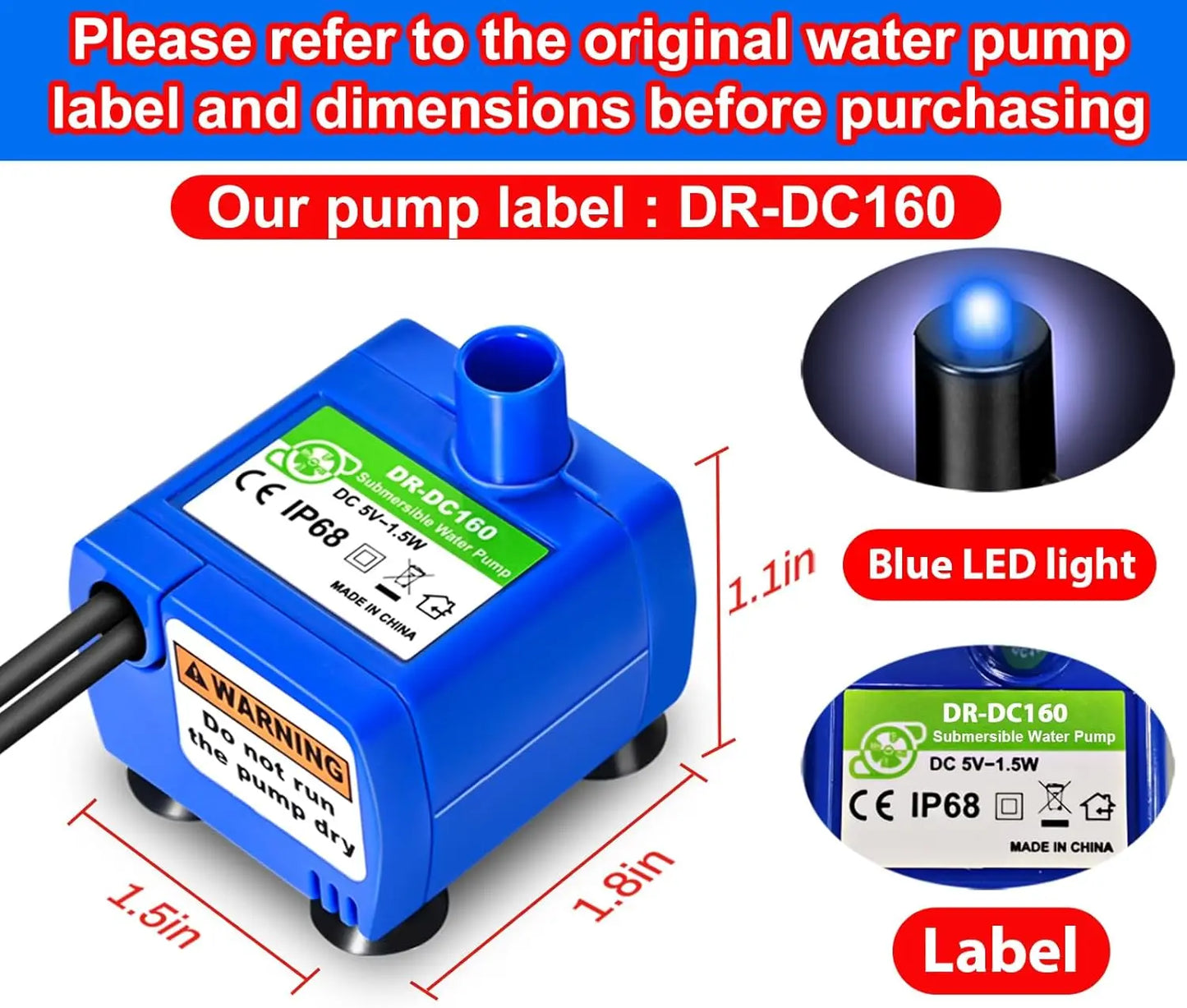 Water Pump LED Light Pet Cat Water Fountain Motor Replacement for Cat