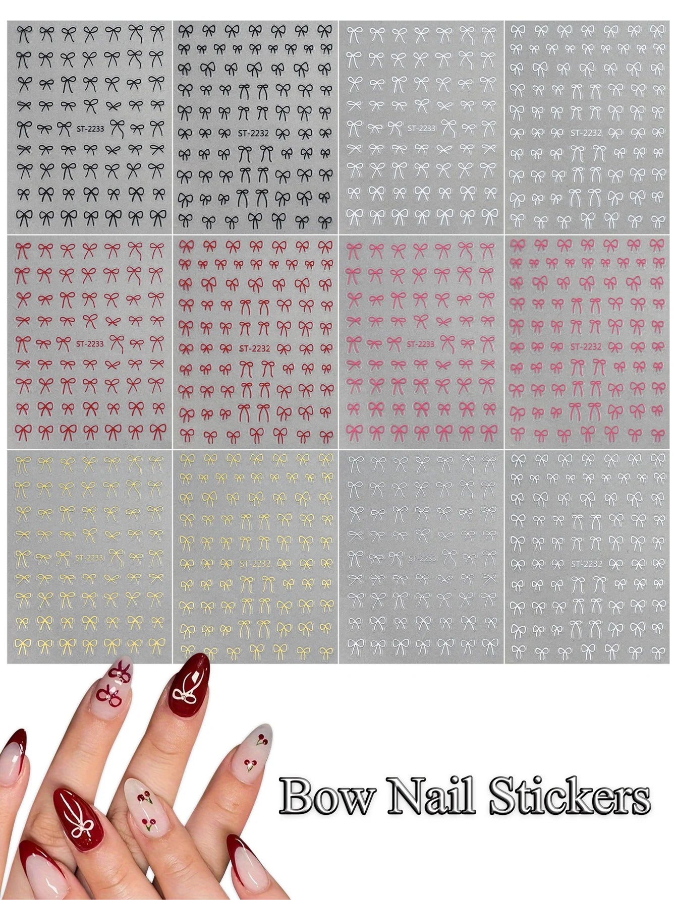 6/12/18/24/30 Sheets Bowknot Nail Stickers Cute Ribbon Design Self
