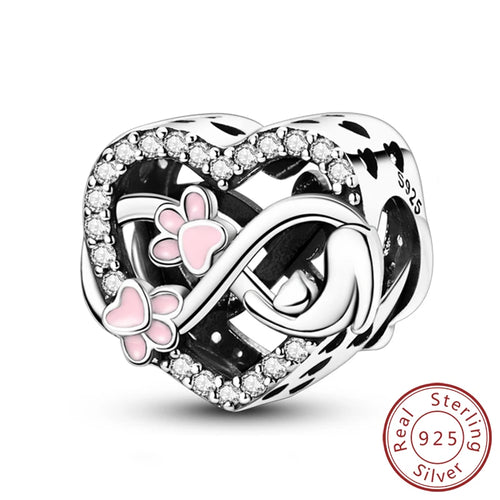 Charms 925 Sterling Silver Dog Cat Paw Print Love Pets Charms Beads