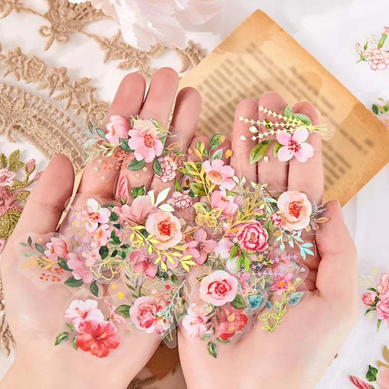 40pcs  Vintage gold foil green leaf and floral stickers, suitable for