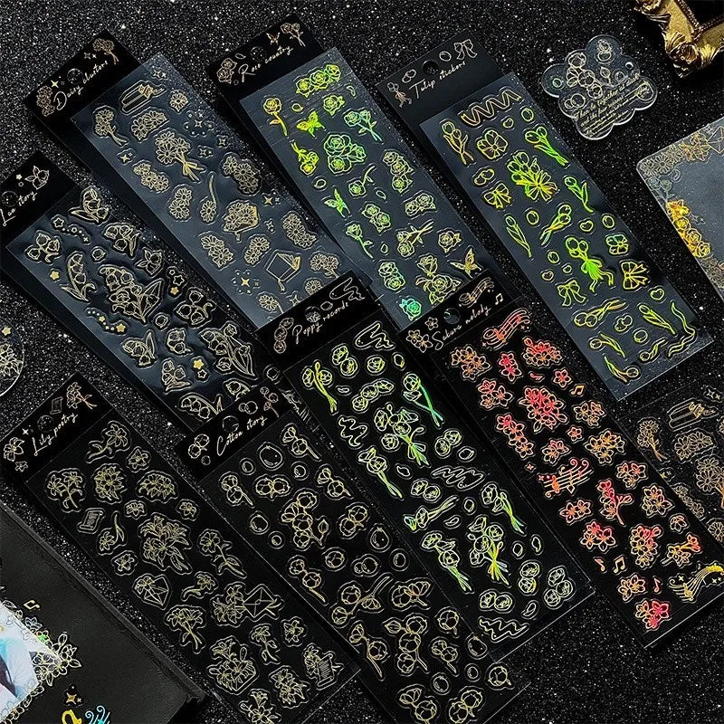 Flowers Scrapbook Stickers Shiny Reflective Laser Border Collage Decorative Material Laser Transparent Waterproof PET Stickers